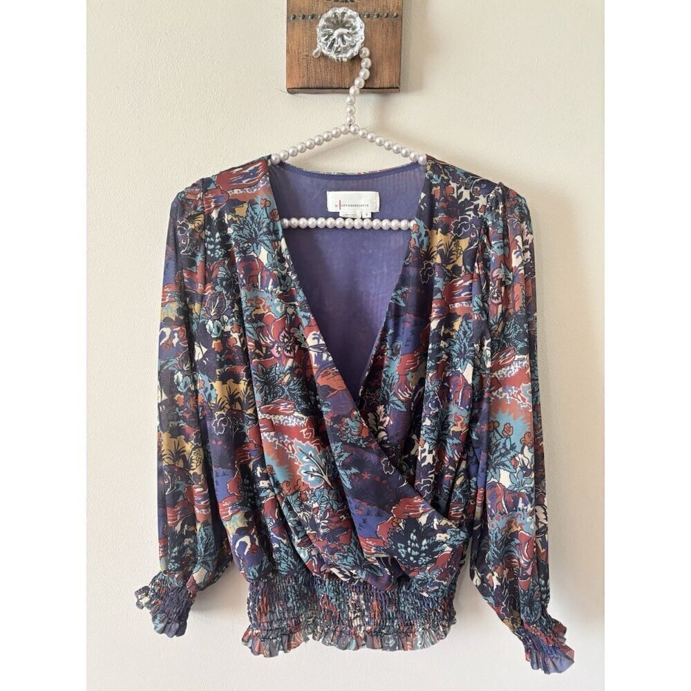Anthropologie Womens Size Small Blue Floral Blouse V-Neck Long Sleeve